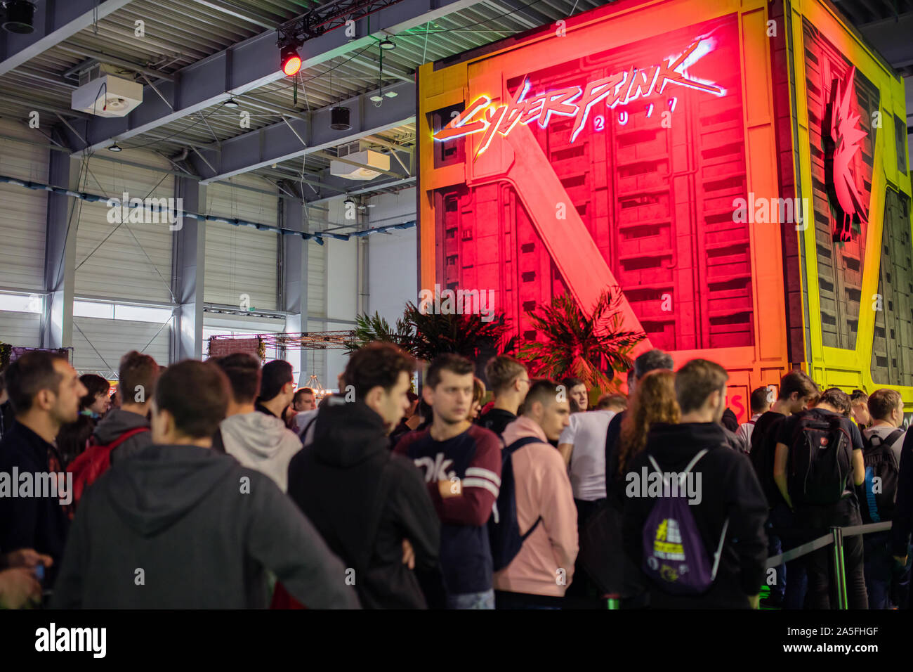 POZNAN, POLAND - October, 19th 2019: People waiting for the Cyberpunk 2077 closed game show at PGA2019. PGA2019 is a computer games and entertainment Stock Photo