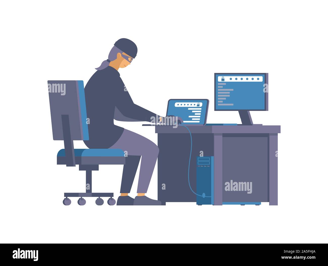 Hacking activity, cybercrime flat vector illustration. Dangerous thief in mask working with computer cartoon character. Cybercriminal stealing data, cybersecurity breach, hacker attack concept Stock Vector