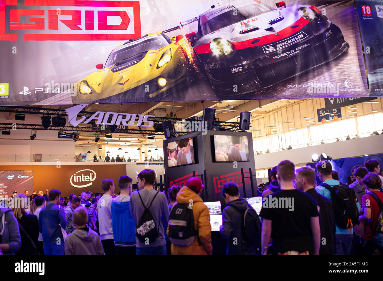 POZNAN, POLAND - October, 19th 2019: Stage of GRID game at PGA2019. PGA2019 is a computer games and entertainment event organized in polish city of Po Stock Photo