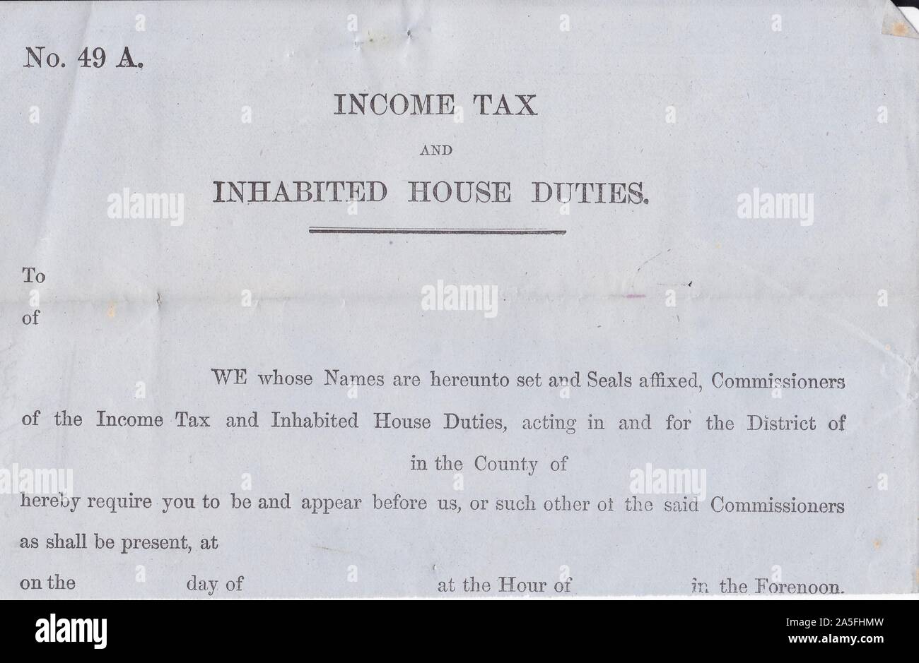 Vintage tax and inhabited house duties form 1950s hires stock