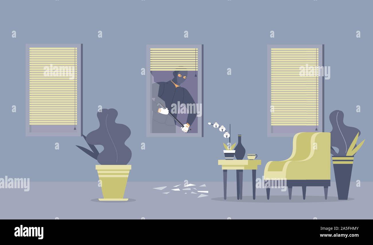 Crime commitment, housebreak flat vector illustration. Dangerous thief with crowbar, robber in balaclava cartoon character. Disguised criminal breaking through window, apartment burglary, robbery Stock Vector
