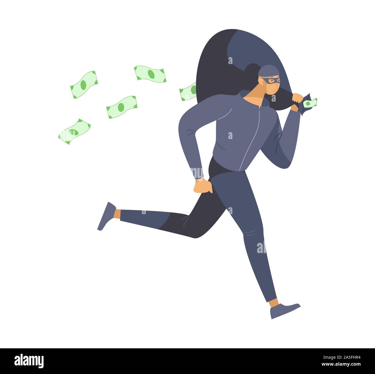 Thief stealing money flat vector illustration. Bank robber, burglar in mask escaping crime scene cartoon character. Dangerous lawbreaker, criminal holding cash bag isolated on white background Stock Vector