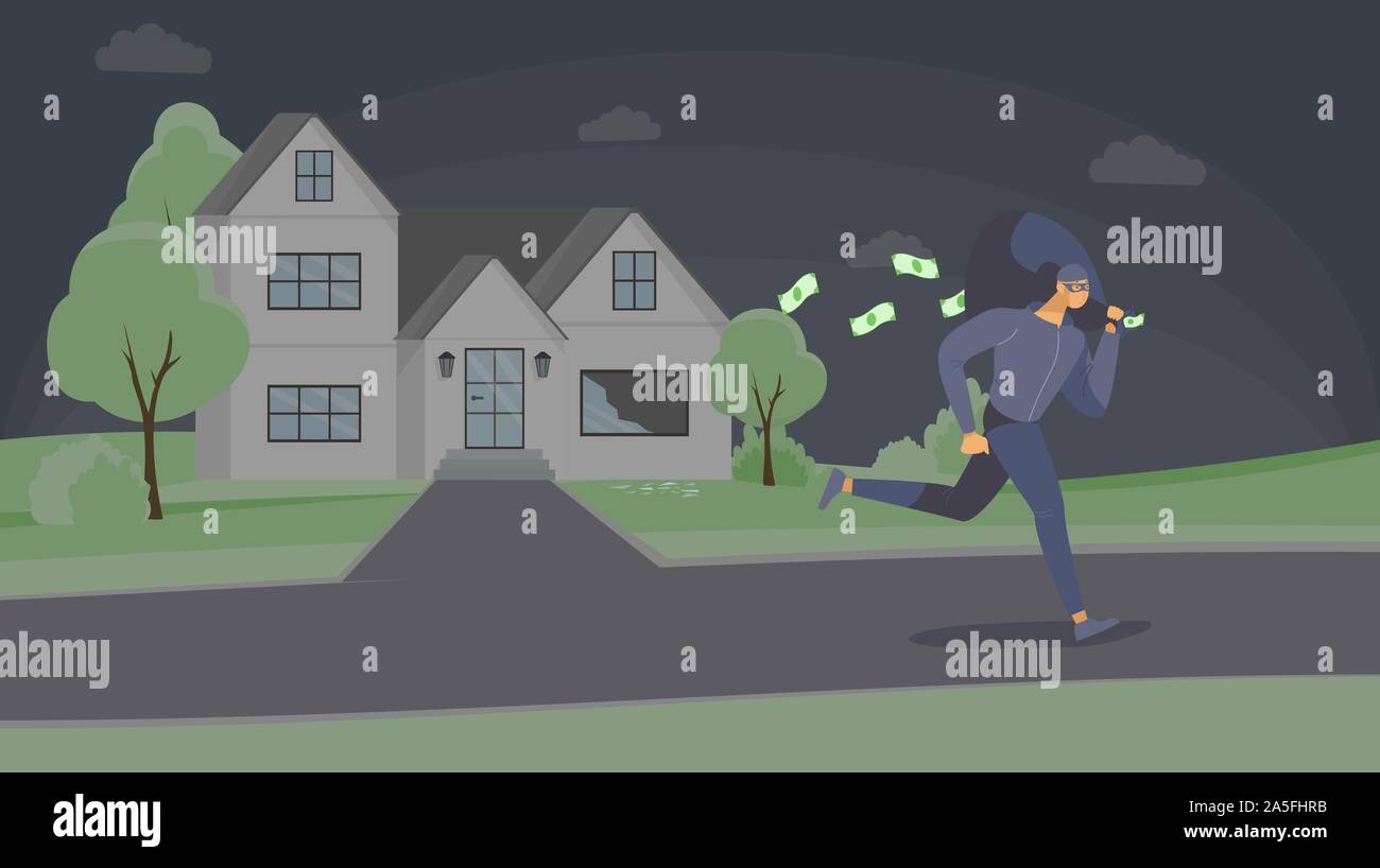 Robber stealing cash flat vector illustration. Dangerous criminal in mask escaping with money bag cartoon character. Thief running away after robbery, burglar in disguise leaving crime scene Stock Vector