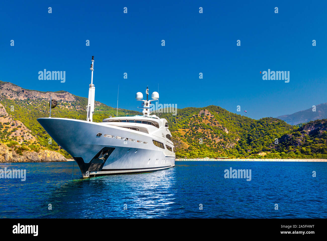 Luxury yacht anchored in Oludeniz, Turkish Riviera, Turkey Stock Photo