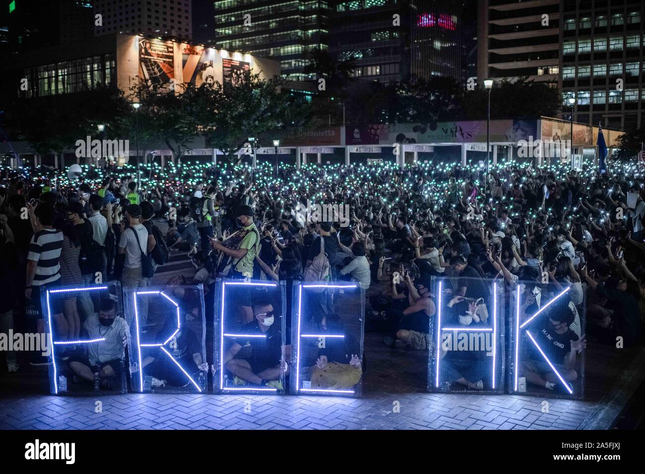Neon lights saying, free HK, during the Kong people call for international SOS humanity aid at Edinburgh Place, Central in a demonstration against the Anti-mask Law. Hong Kong's chief executive