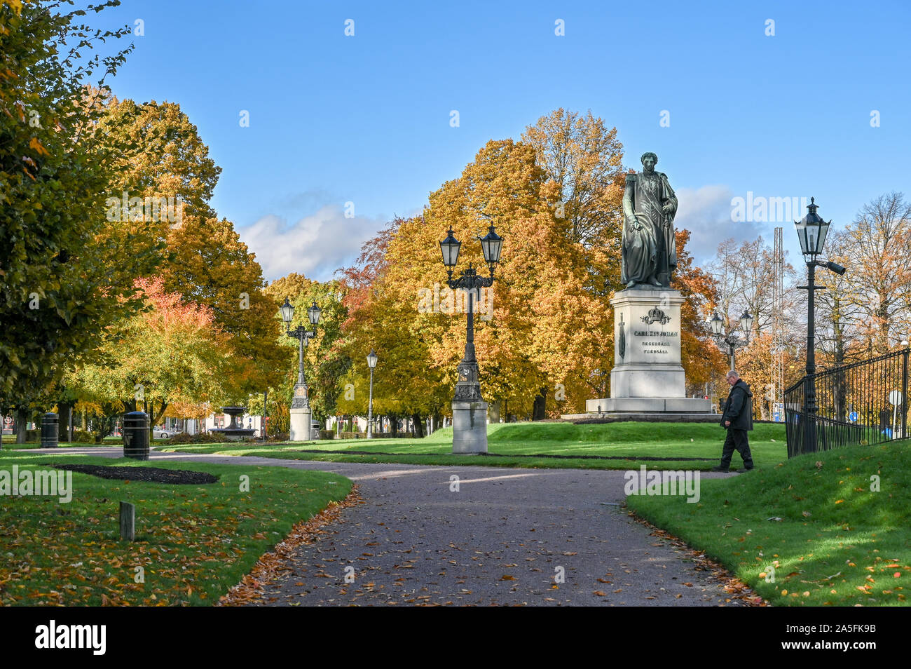 Carl Johans park with the statue of king Karl Johan XIV during fall in Norrkoping, Sweden. Karl Johan was the first king of the Bernadotte family. Stock Photo