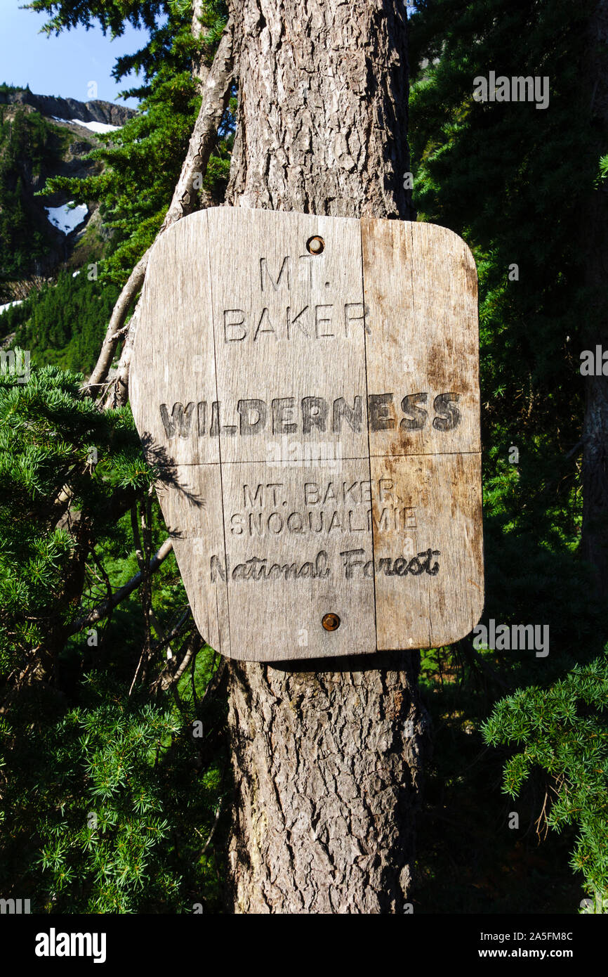 Sign 'Mt. Baker Wilderness | Mt. Baker Snoqualmie National Forest'. Washington, USA. Stock Photo