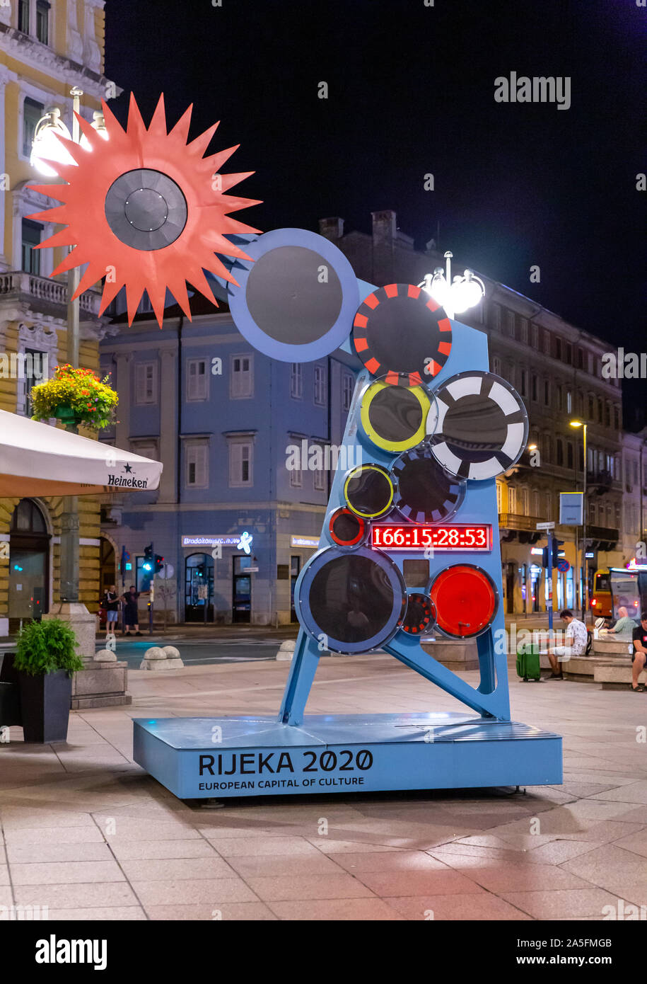 A 5 metre tall interactive countdown scultpure in Jadranski Trg square counting down to the start of Rijeka 2020 European Capital of Culture, Croatia. Stock Photo