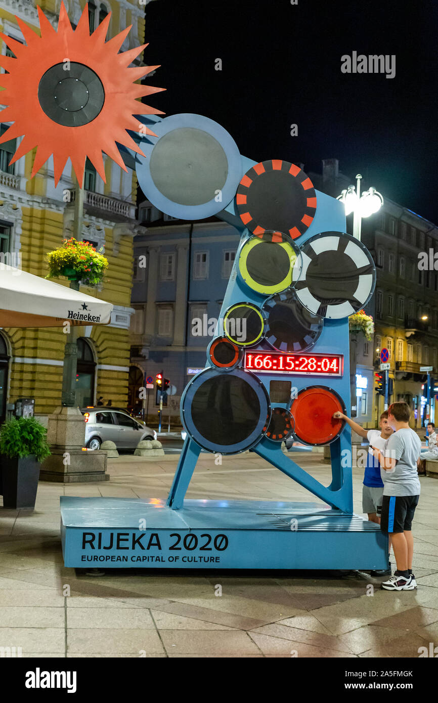 A 5 metre tall interactive countdown scultpure in Jadranski Trg square counting down to the start of Rijeka 2020 European Capital of Culture, Croatia. Stock Photo