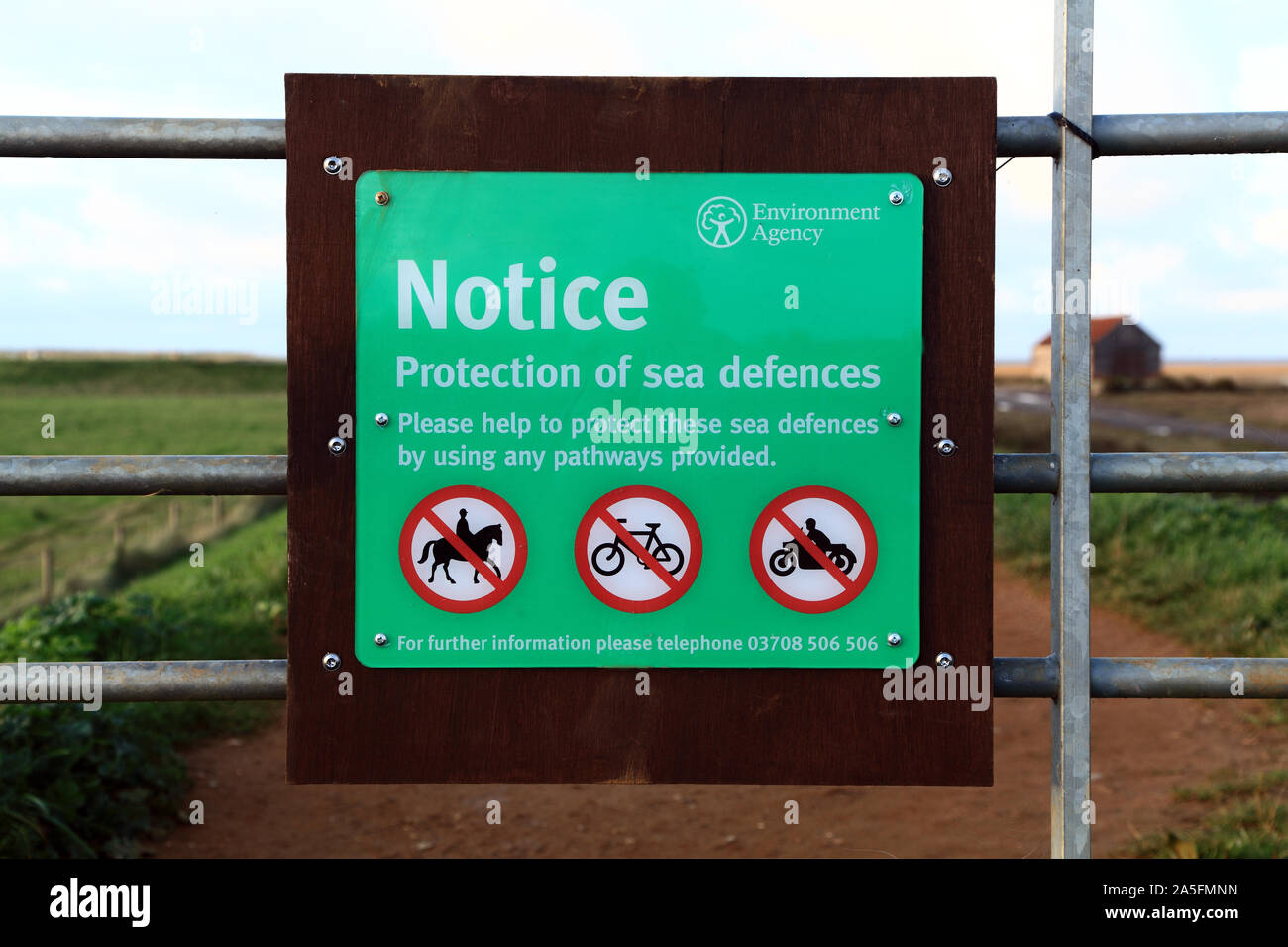 Environment Agency, Protection of Sea Defences, notice, warning,  Thornham, North Sea Coast, Norfolk, England Stock Photo