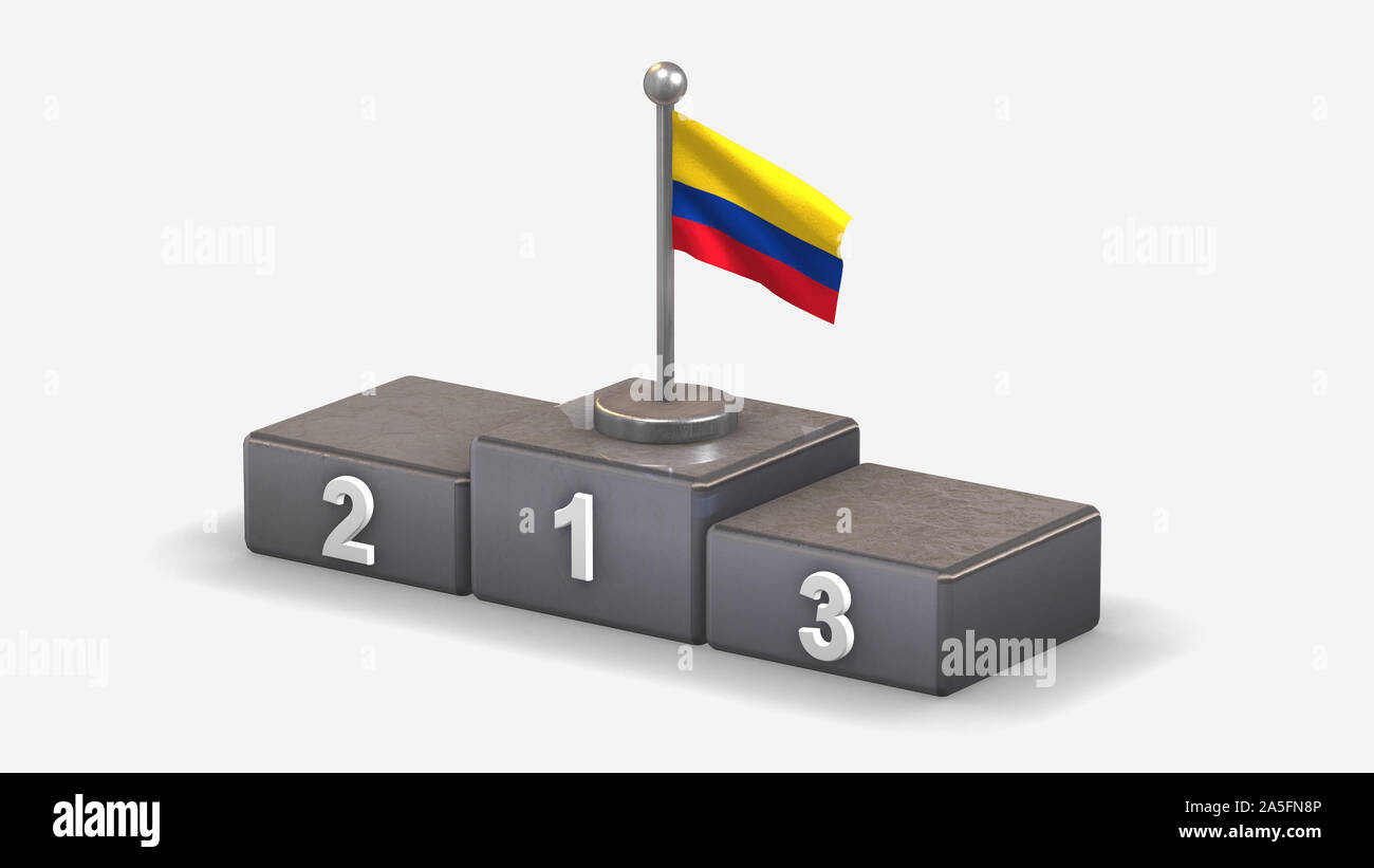 Colombia 3D waving flag illustration on winner podium with three rank places. Isolated on white background. Stock Photo