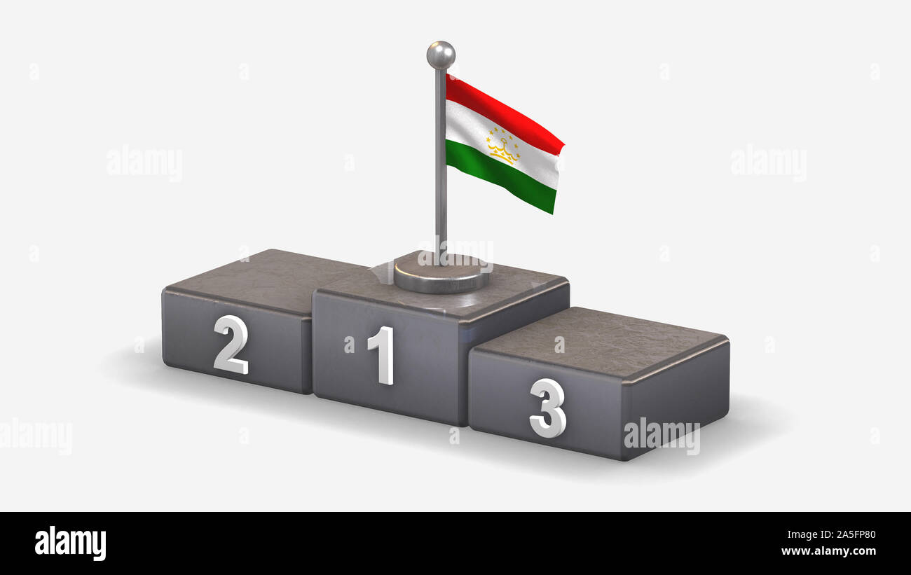 Tajikistan 3D waving flag illustration on winner podium with three rank places. Isolated on white background. Stock Photo