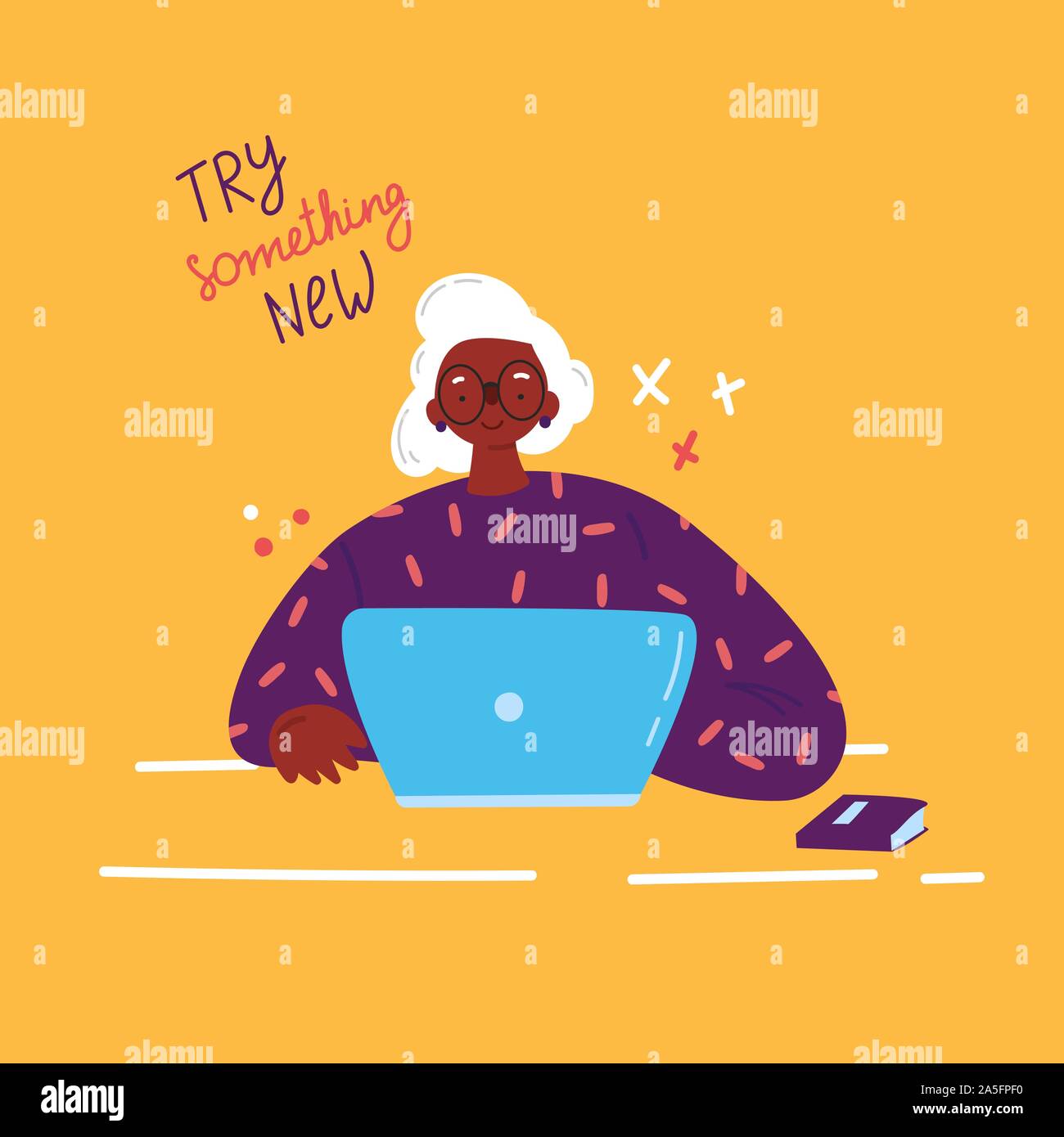 Older woman studying with a laptop.Vector  Stock Vector