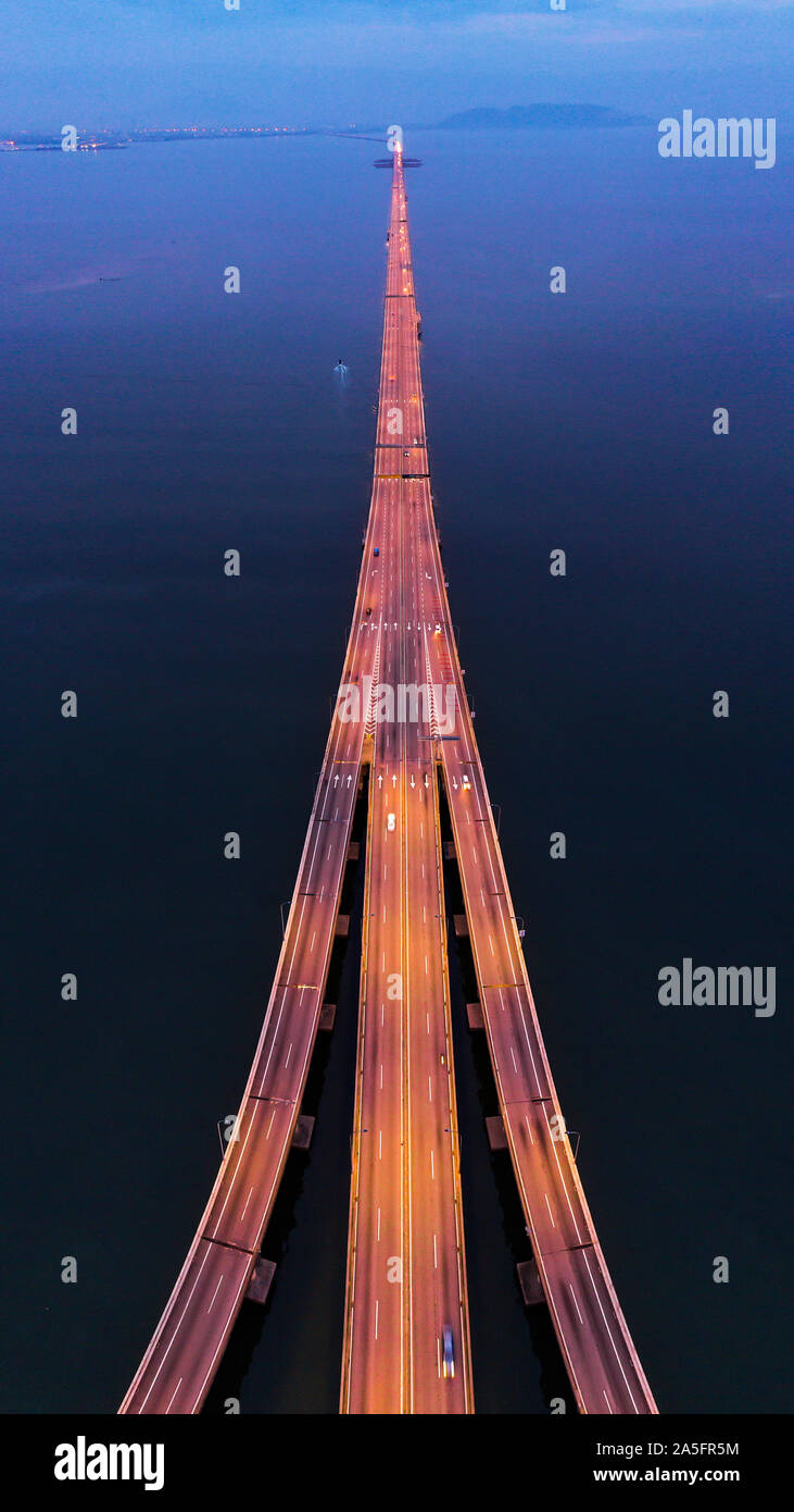 Aerial view of Penang Bridge at sunrise, George Town, Penang, Malaysia Stock Photo