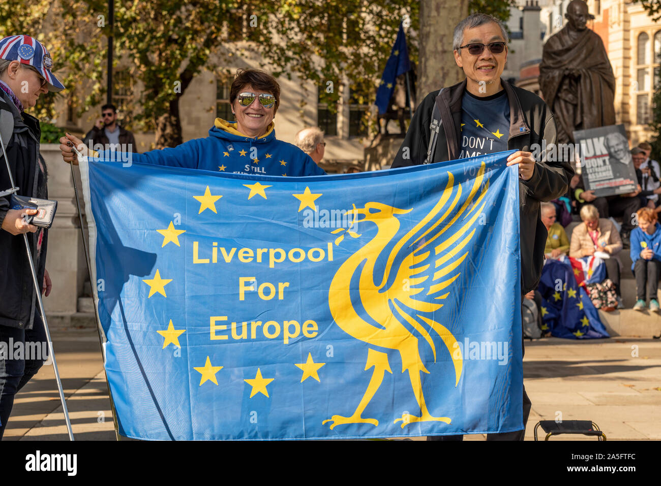 People's Vote March Brexit rally asking for a second referendum whilst Parliament sat for the Letwin Amendment. Liverpool for Europe flag banner Stock Photo