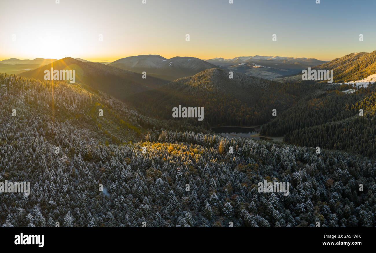 Drone flight over misty hills hi-res stock photography and images - Alamy