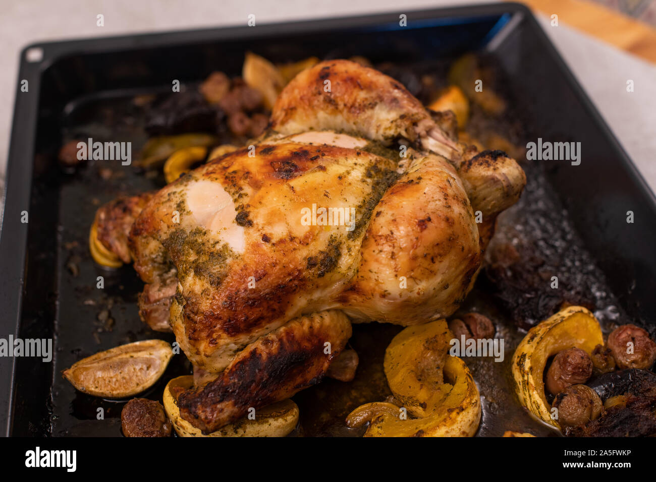 chicken tagine with dates, pumpkin and lemons, traditional moroccan food Stock Photo