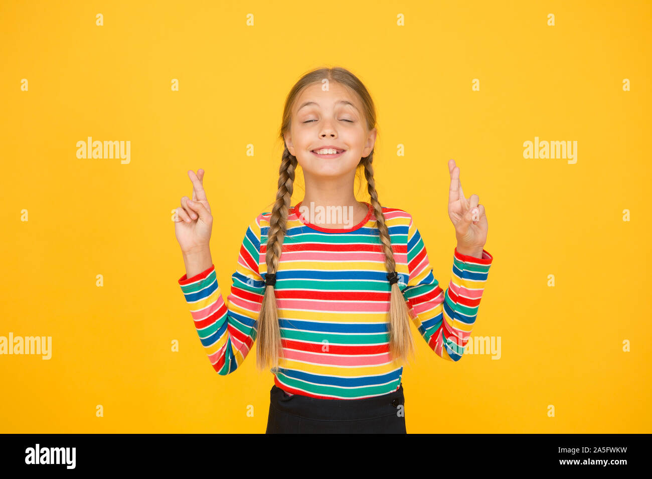 I Dont Want To Jinx It Cute Child Make Wish Yellow Background Little Child Keep Fingers 