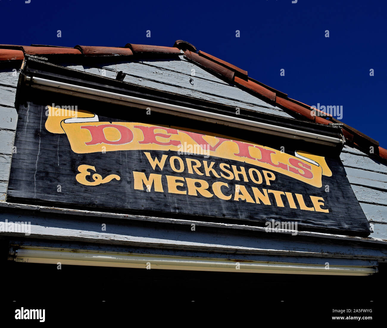 Devils Workshop Mercantile shop sign in Niles, California Stock Photo ...