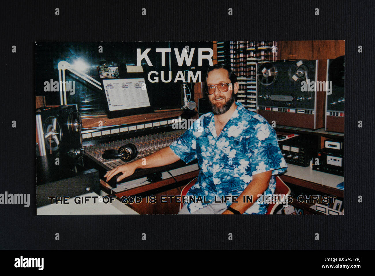 a QSL card of the KTWR radio station from the Guam Island, Pacific ocean Stock Photo
