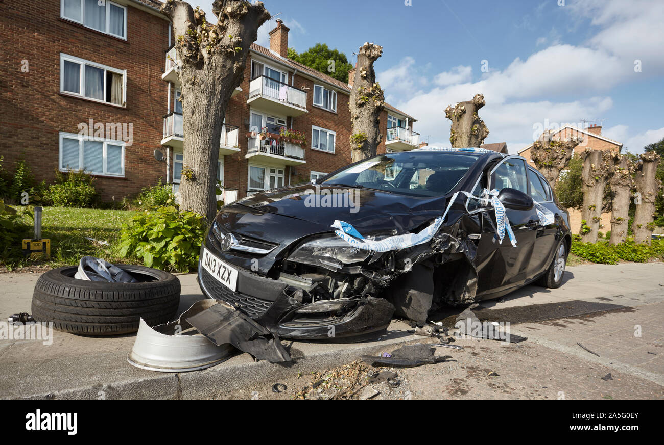 Heavy damaged car after colliding at high speed with another car in North Finchley, London. Stock Photo