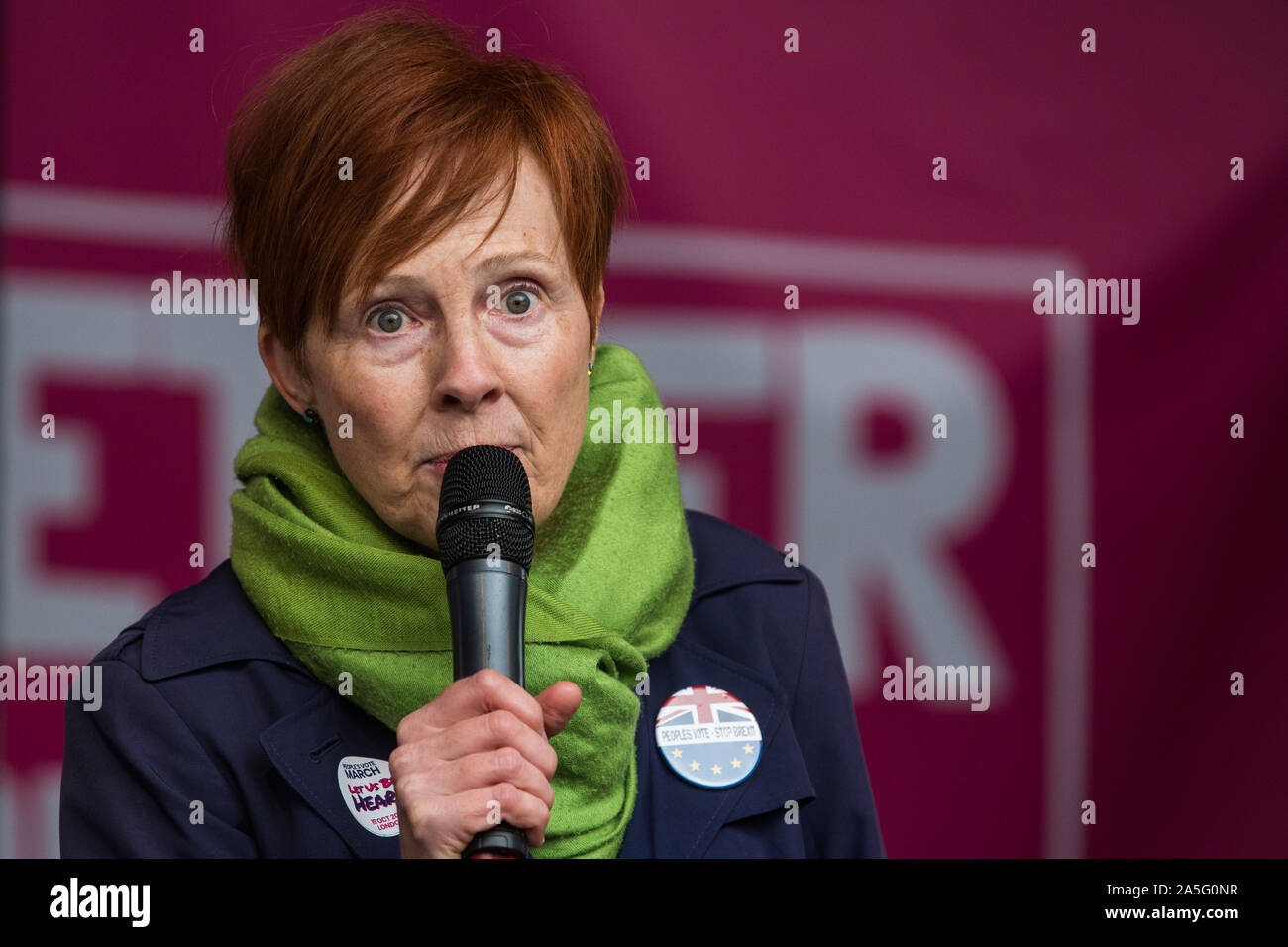 London, UK. 19 October, 2019. Susan Martin, a People’s Vote activist from England, addresses hundreds of thousands of pro-EU citizens at a Together fo Stock Photo