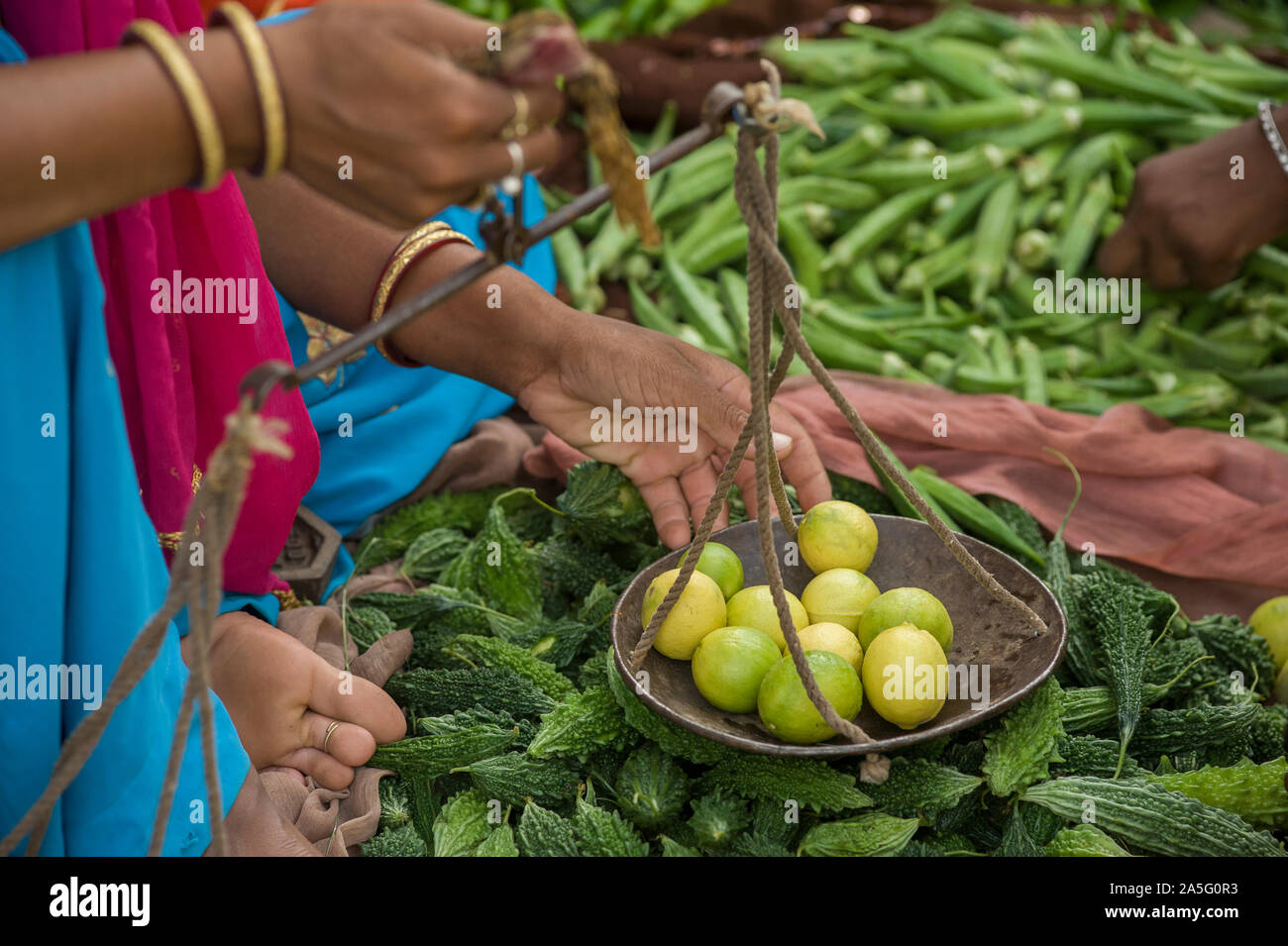 Detail of of fruits and vegetables Indian vendor in a food market in