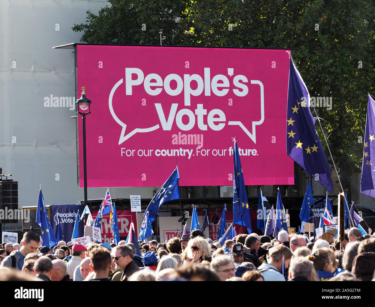 View of anti Brexit protesters gathered in Parliament Square in London during the People’s Vote March on Saturday 19 October 2019 Stock Photo