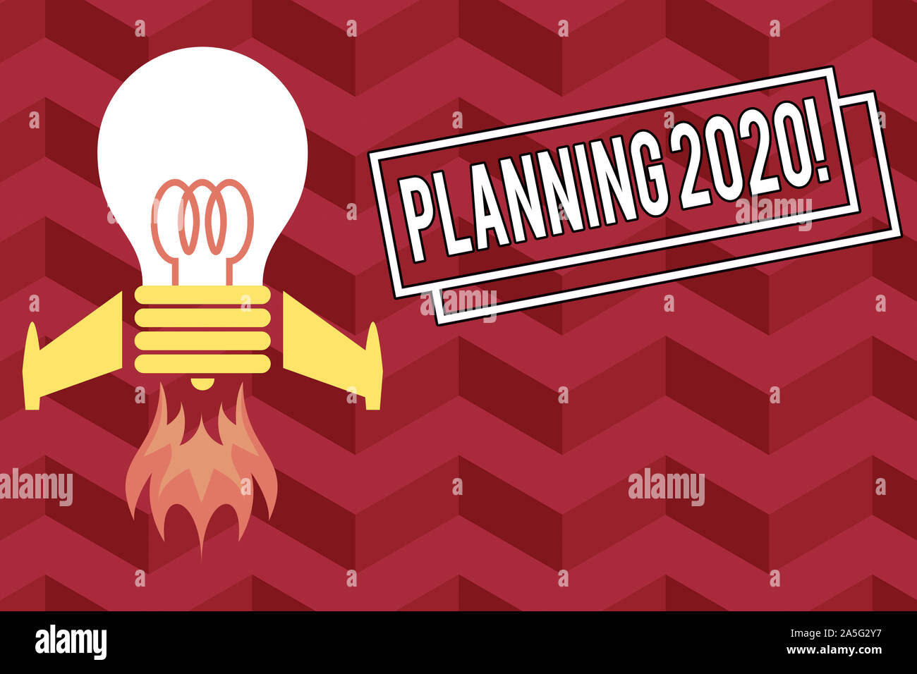 Word writing text Planning 2020. Business photo showcasing process of making plans for something next year Top view launching bulb rocket fire base. S Stock Photo