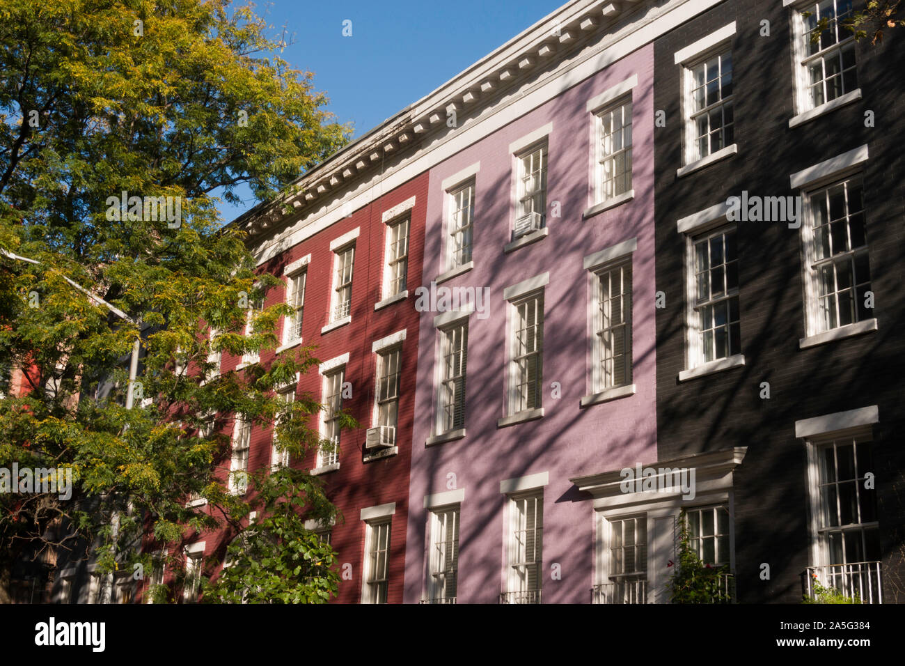 Colorfully Painted Brownstones on  MacDougal Street in Greenwich Village, NYC, USA Stock Photo