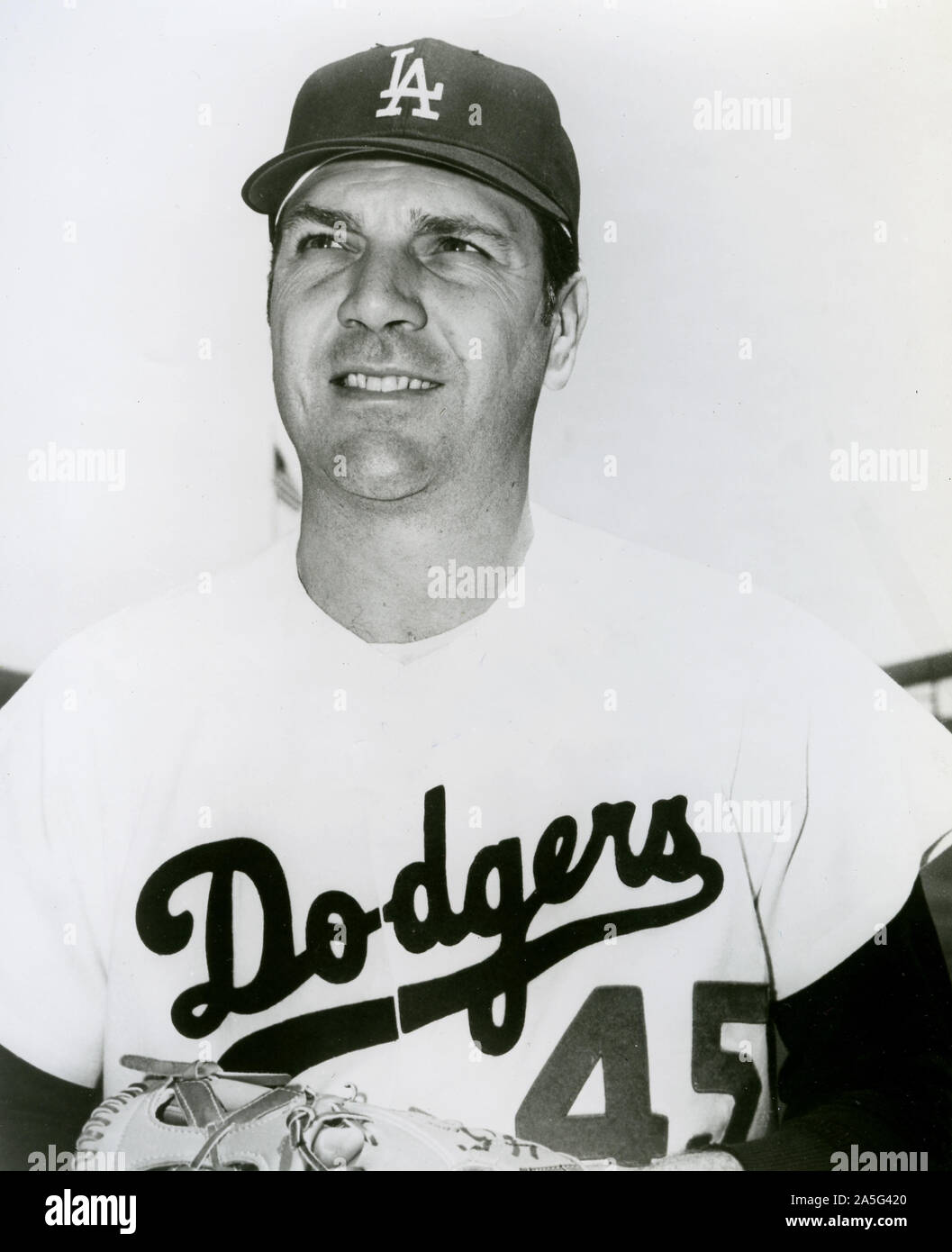 Vintage  black and white photo of baseball player Ken Boyer with the Los Angeles Dodgers in 1969. Stock Photo