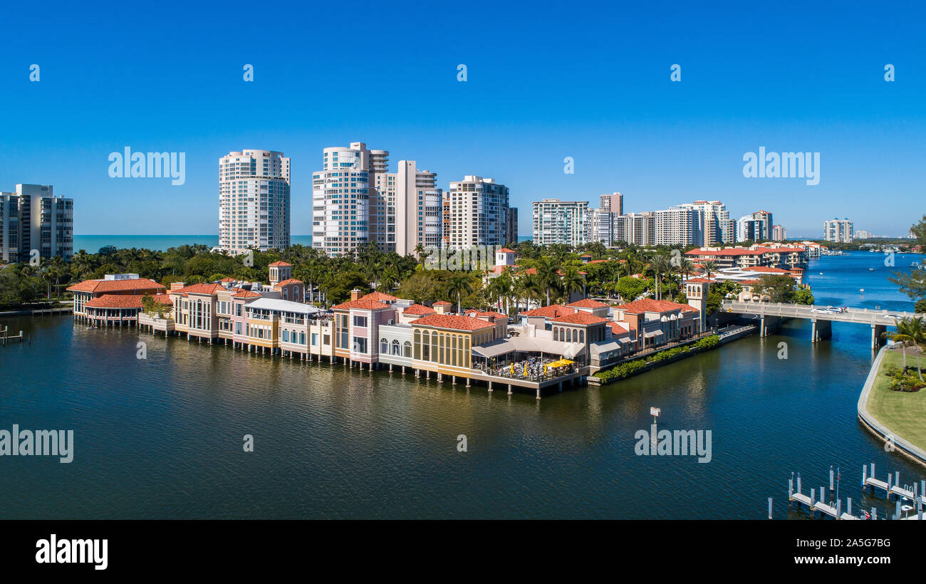 Aerial images of The Village Shops on Venetian Bay in Park Shore area of Naples FL on the Gulf of Mexico south of Fort Myers and near Marco Island FL Stock Photo