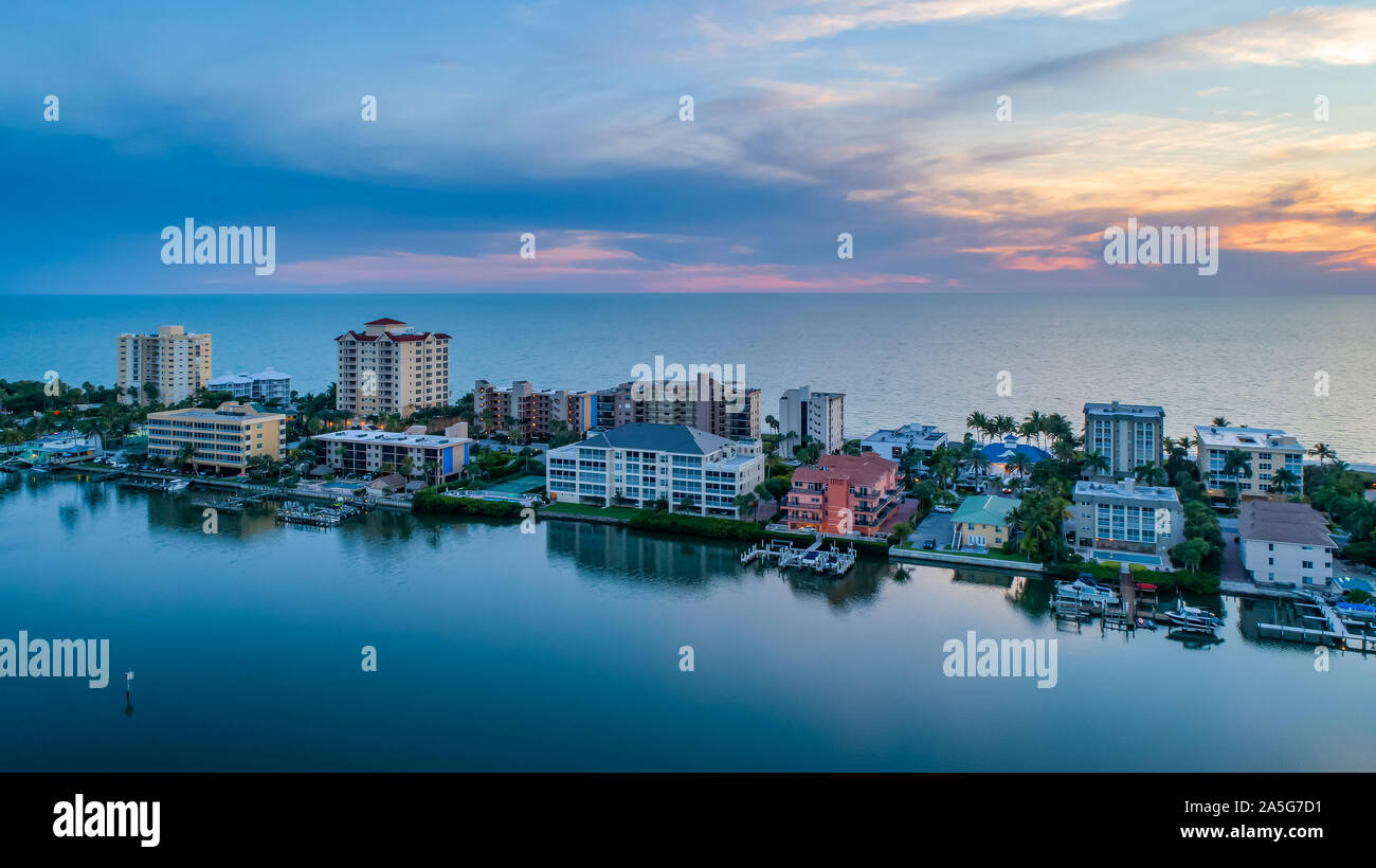 Vanderbilt Beach Gulf Shore Dr area in North Naples by Naples Park south of Fort Myers and Bonita Springs and North of Marco Island aerial sunset view Stock Photo