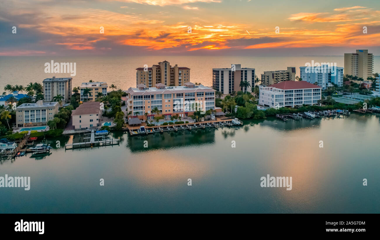 Vanderbilt Beach Gulf Shore Dr area in North Naples by Naples Park south of Fort Myers and Bonita Springs and North of Marco Island aerial sunset view Stock Photo
