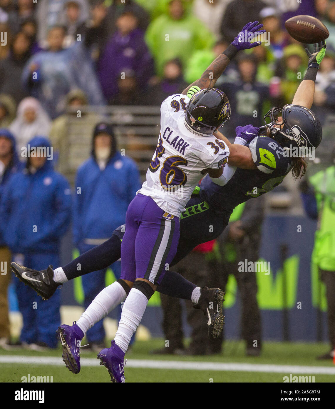 Seattle, United States. 20th Oct, 2019. Baltimore Ravens defensive back Chuck Clark (36) breaks up a pass intended for Seattle Seahawks tight end Luke Willson (82) at CenturyLink Field on Sunday, October 20, 2019 in Seattle, Washington. Ravens and Seahawks tie13-13 at halftime in Seattle. Photo by Jim Bryant/UPI Credit: UPI/Alamy Live News Stock Photo