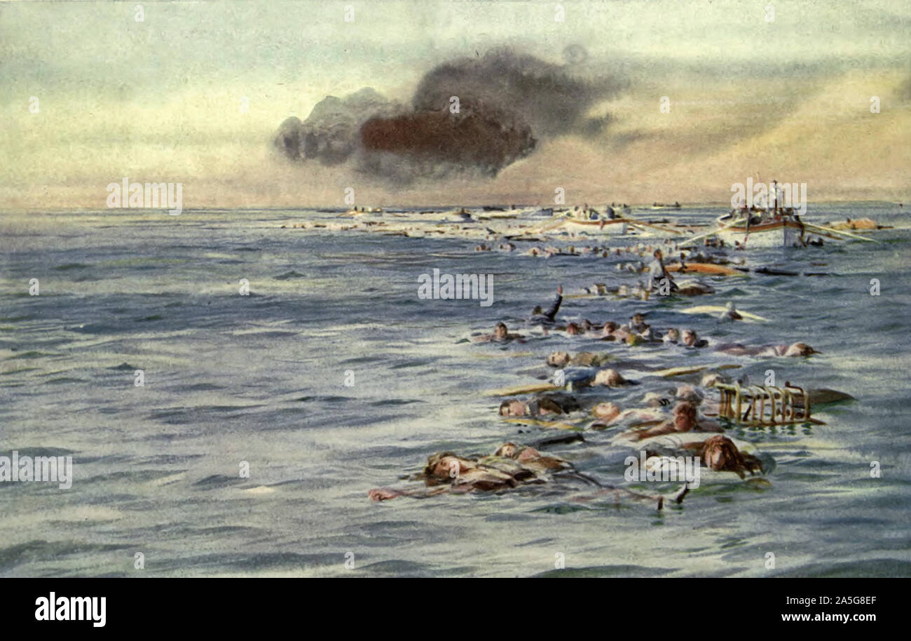 The Track of the Lusitania - The Aftermath of the sinking of the Lusitania by a German U-boat, May 7, 1915, showing bodies and debris in the water Stock Photo