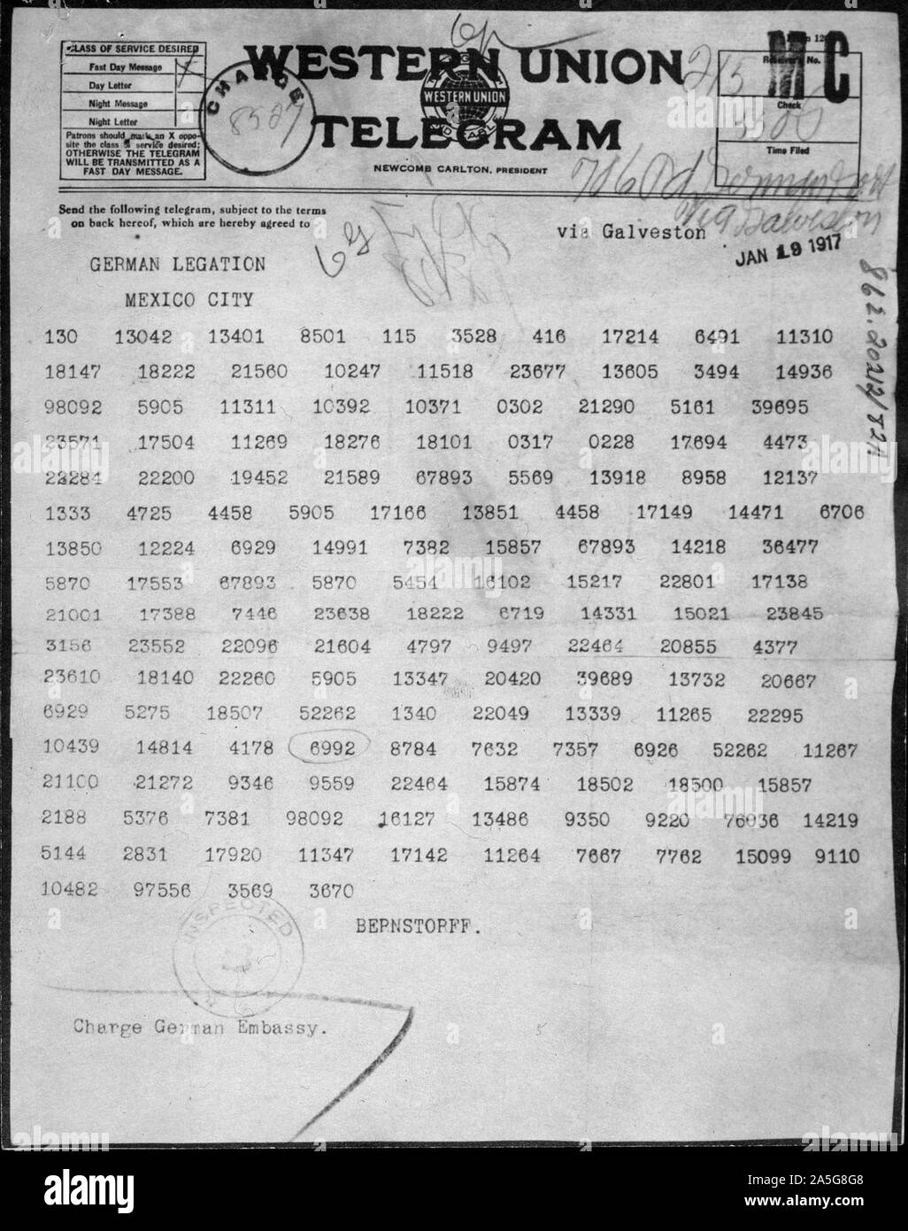 Zimmermann Telegram as Received by the German Ambassador to Mexico - This telegram was sent by German Foreign Minister Arthur Zimmermann to the President of Mexico proposing a military alliance against the United States. In return for Mexican support in the war, Germany would help Mexico regain New Mexico, Texas, and Arizona from the United States. The British intercepted the secret message, deciphered it, and turned it over to the U.S. Government. January 19, 1917 Stock Photo