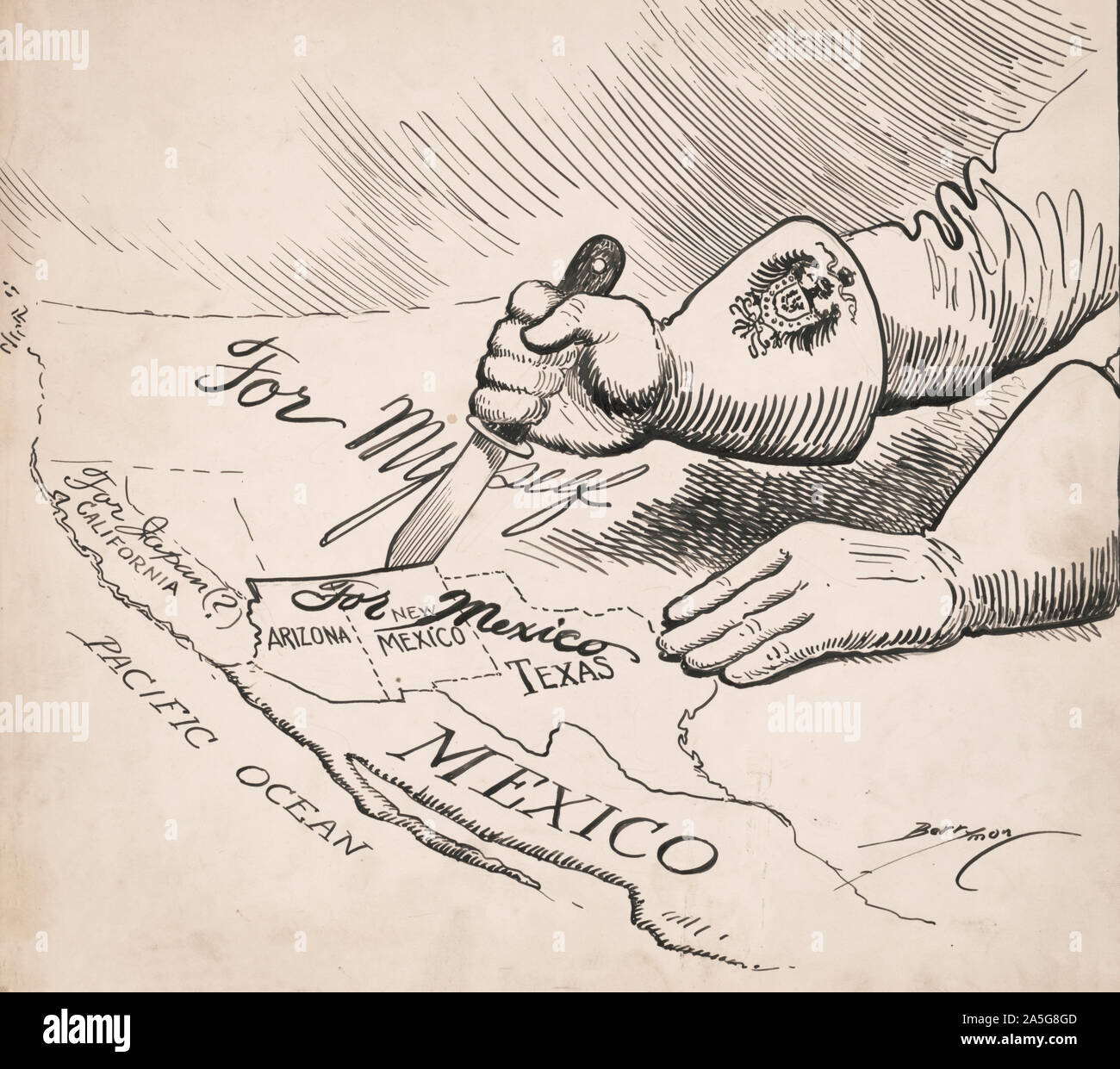 Hand carving up a map of the Southwestern United States - World War I cartoon shows a hand in a gauntlet (decorated with the imperial German eagle) carving up a map of the Southwestern United States. Arizona, New Mexico, and Texas are labeled 'For Mexico.' California is labeled 'For Japan(?)' The rest of the country is labeled 'For Myself.' In the spring of 1917, the British government intercepted and turned over to the United States a message from German Foreign Secretary Arthur Zimmerman to the Government of Mexico, urging Mexico to join with Japan and declare war on the United States. Zimme Stock Photo