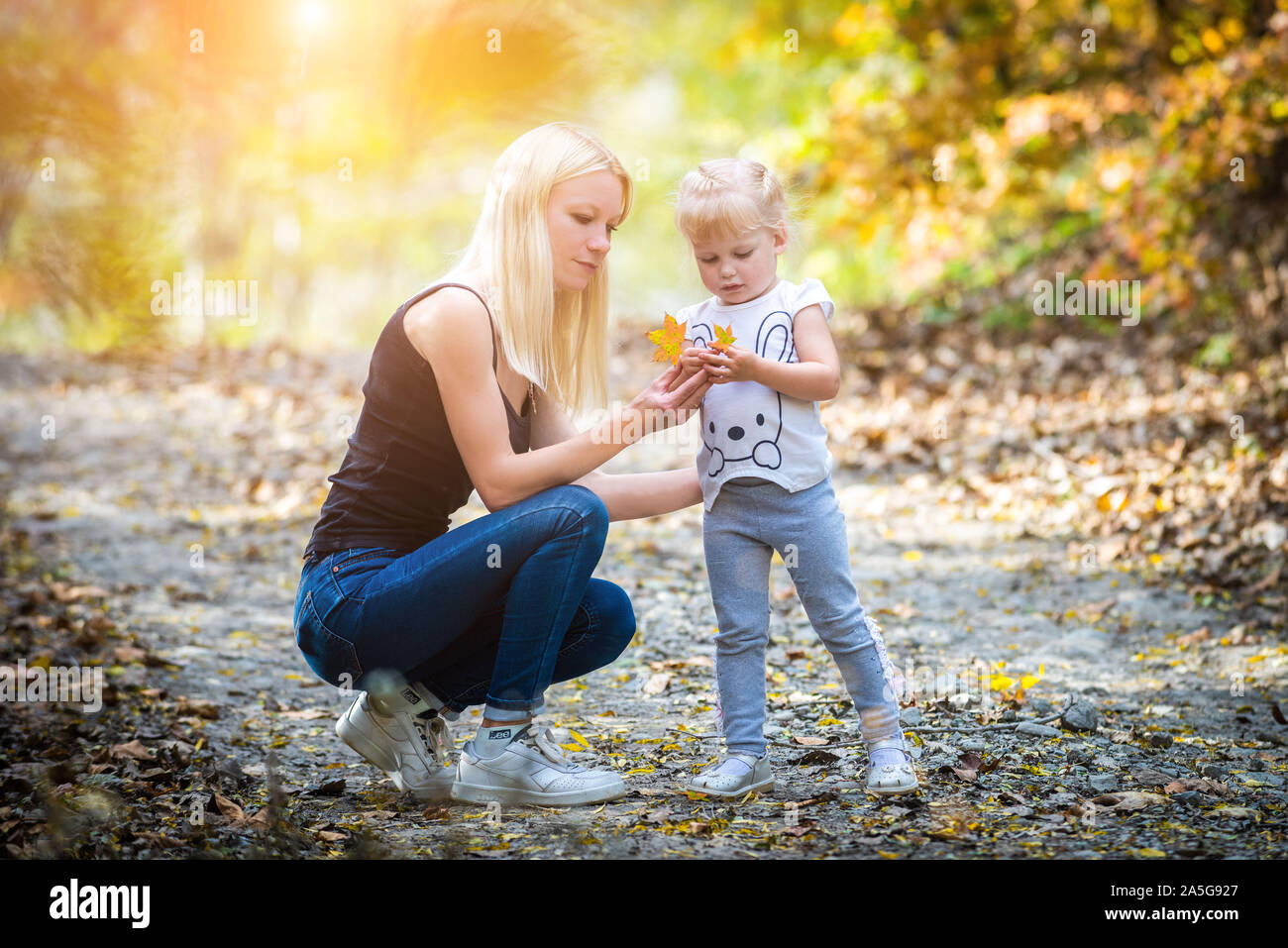 mother and her daugther in autumn at park - family wallpapers Stock Photo