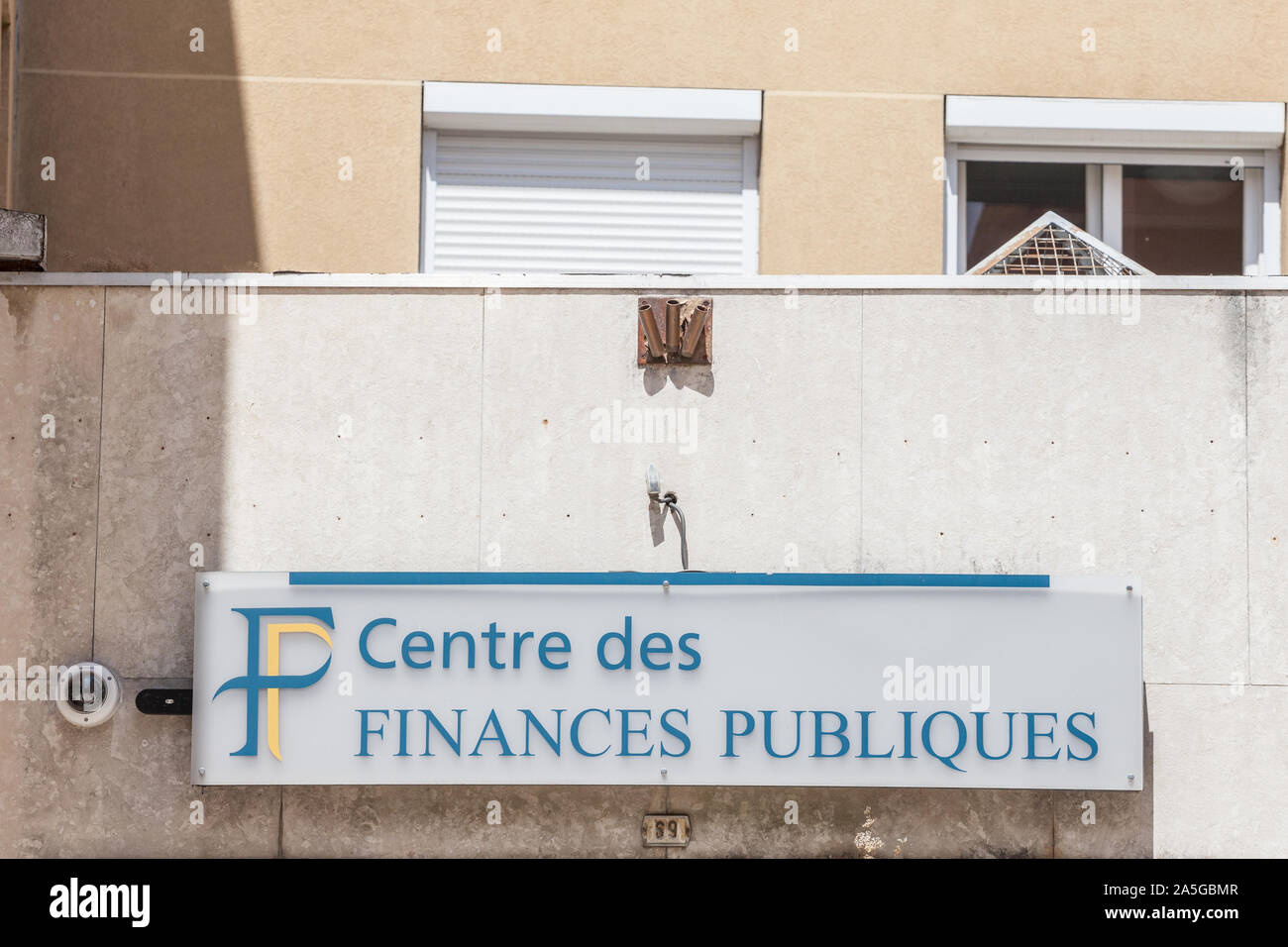 LYON, FRANCE - JULY 17, 2019: Direction Generale des Finances Publiques logo on their local office in Lyon. Also called DGIP, it is the French governm Stock Photo