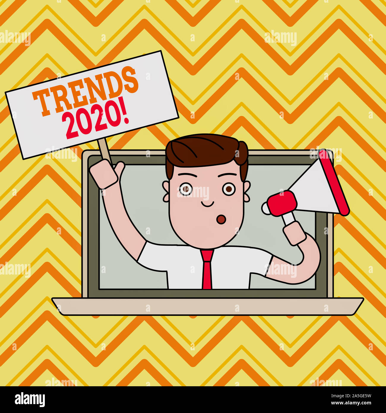 Conceptual hand writing showing Trends 2020. Concept meaning general direction in which something is developing or changing Man Speaking Through Lapto Stock Photo