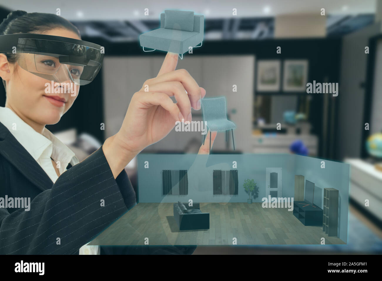 mixed virtual reality concept, woman hold the simulation furniture to