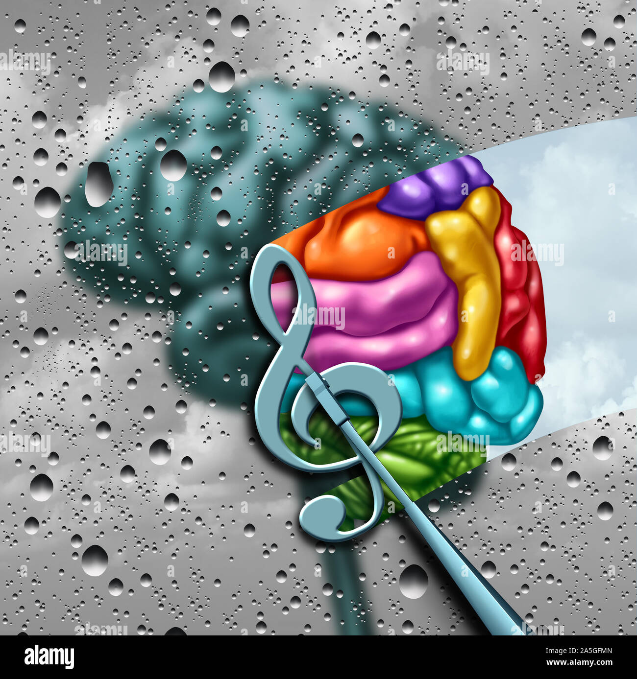 Music brain and musical therapy as a song note creatively awakening a grey mind  as an audio psychology or psychiatry with 3D illustration elements. Stock Photo