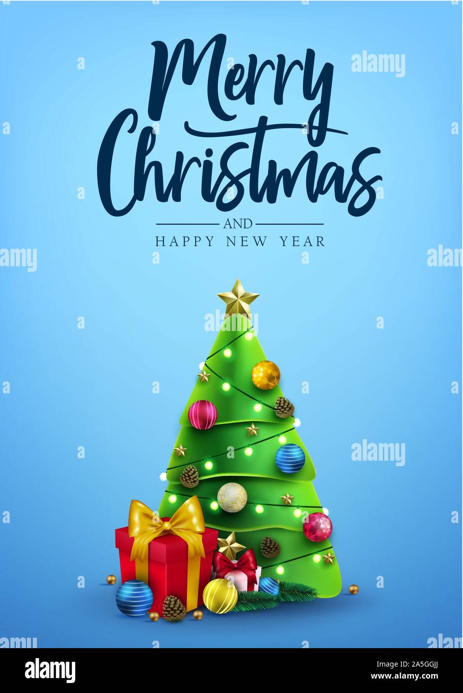 Christmas Poster Decorative Design with Christmas Tree, Gifts, Balls, Star,  Pine Cone and Lights in Blue Background Greeting Card with Merry Christmas  Stock Vector Image & Art - Alamy