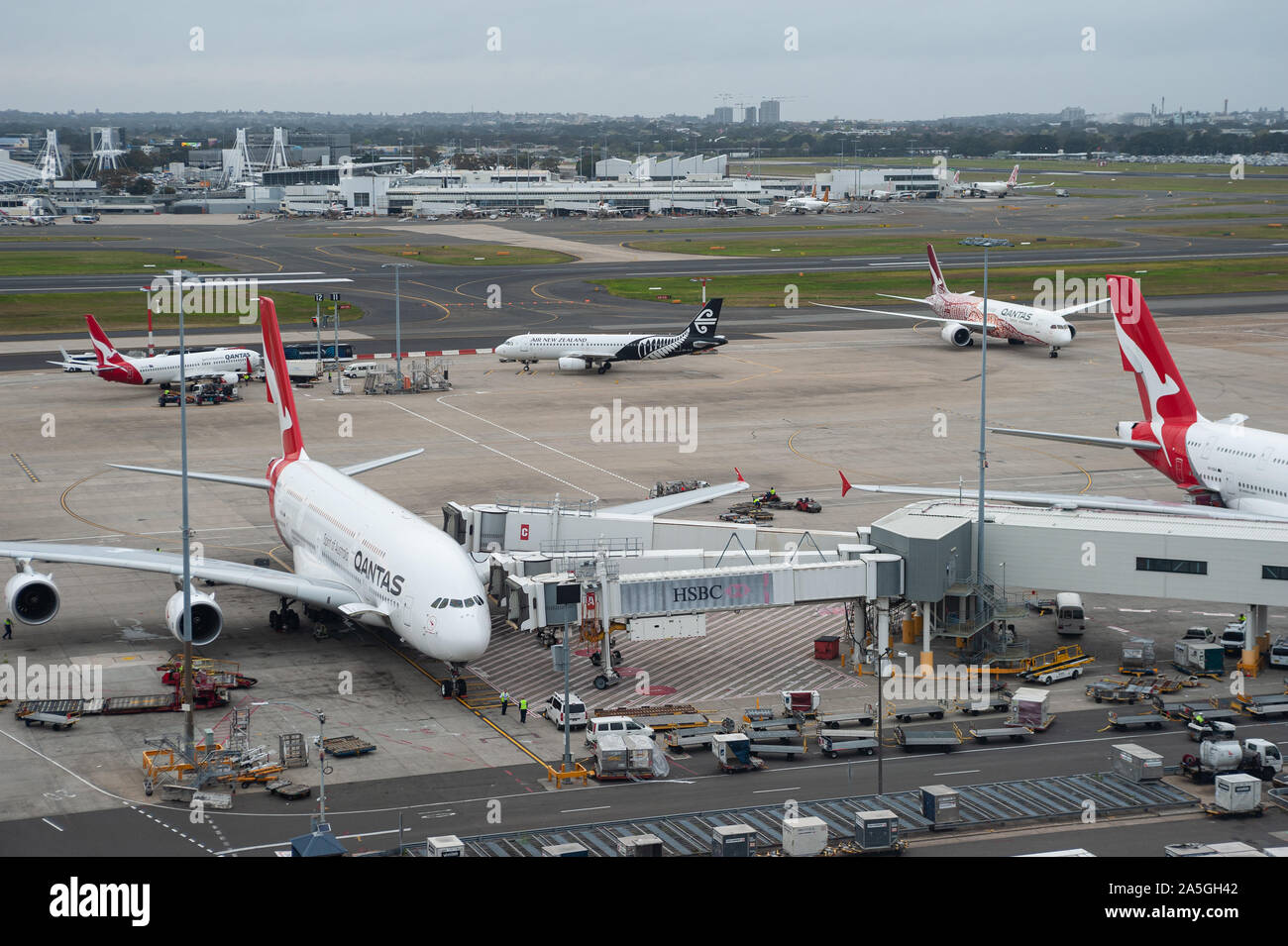 21.09.2019, Sydney, New South Wales, Australia - Qantas Airways passenger planes are seen on the apron at Kingsford Smith International Airport. Stock Photo