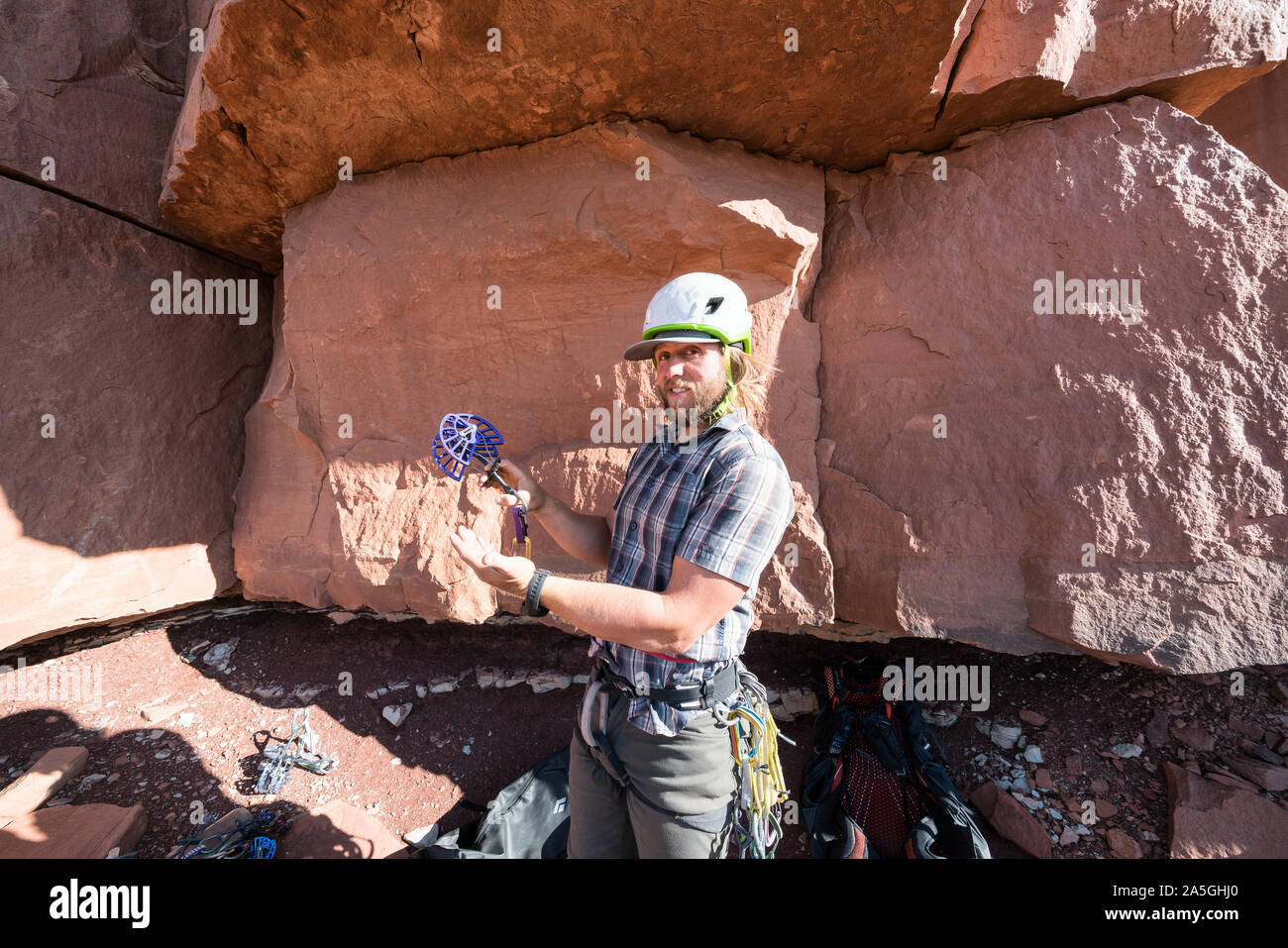 Just about to start climbing the Castleton tower in Moab, Utah, USA Stock Photo