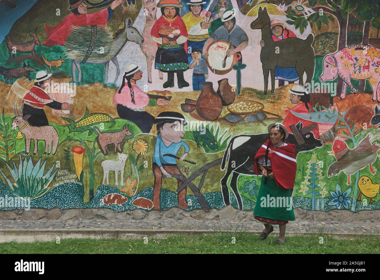 Indigenous highlander admiring a local mural, La Moya, Ecuador Stock Photo