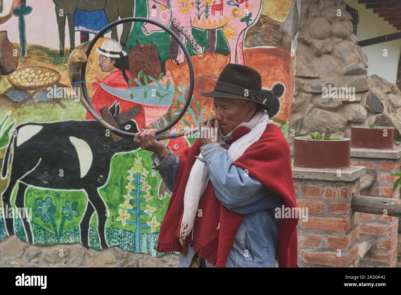 Indigenous highlander playing a cow horn trumpet, La Moya, Ecuador