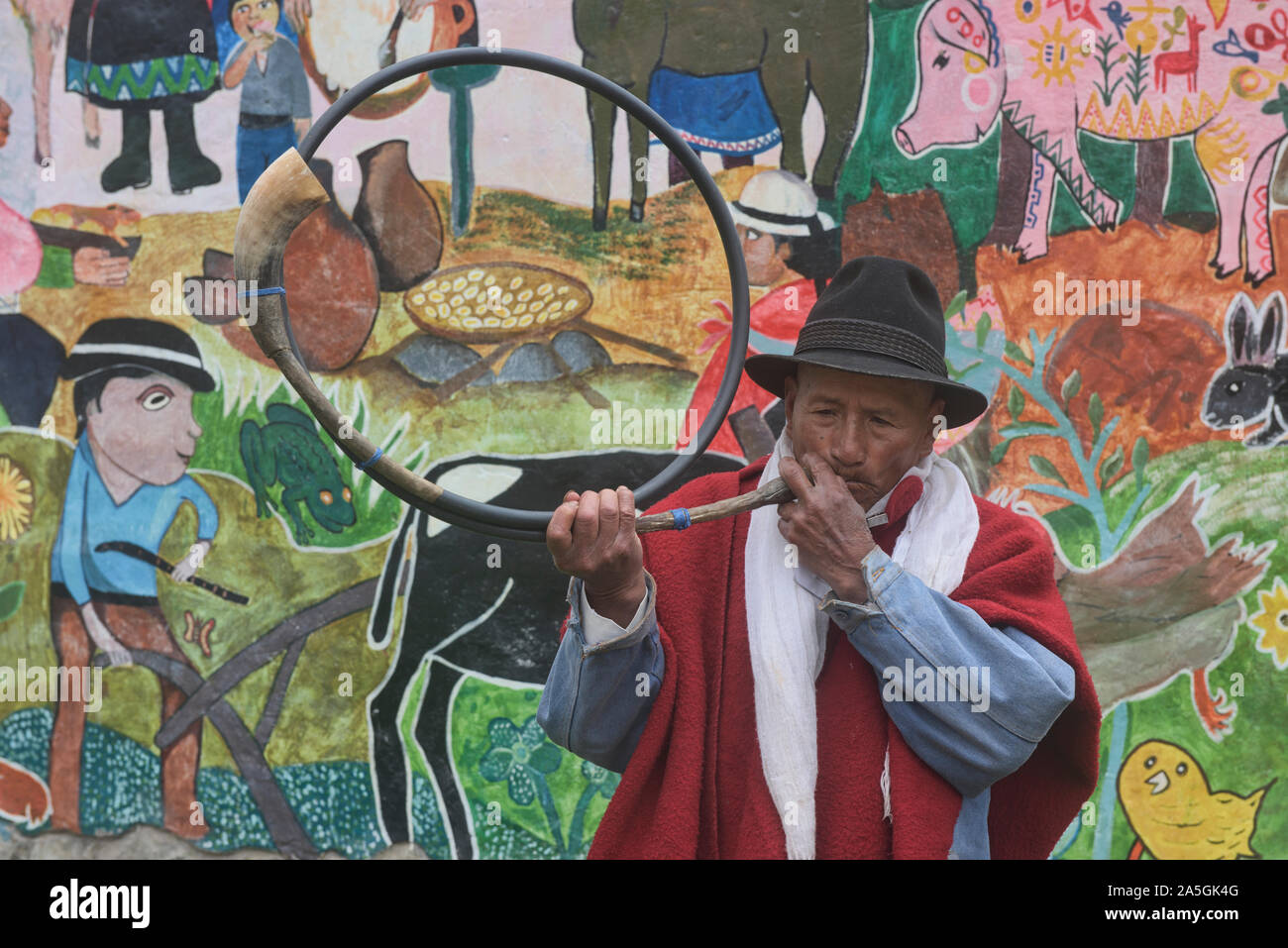 Indigenous highlander playing a cow horn trumpet, La Moya, Ecuador