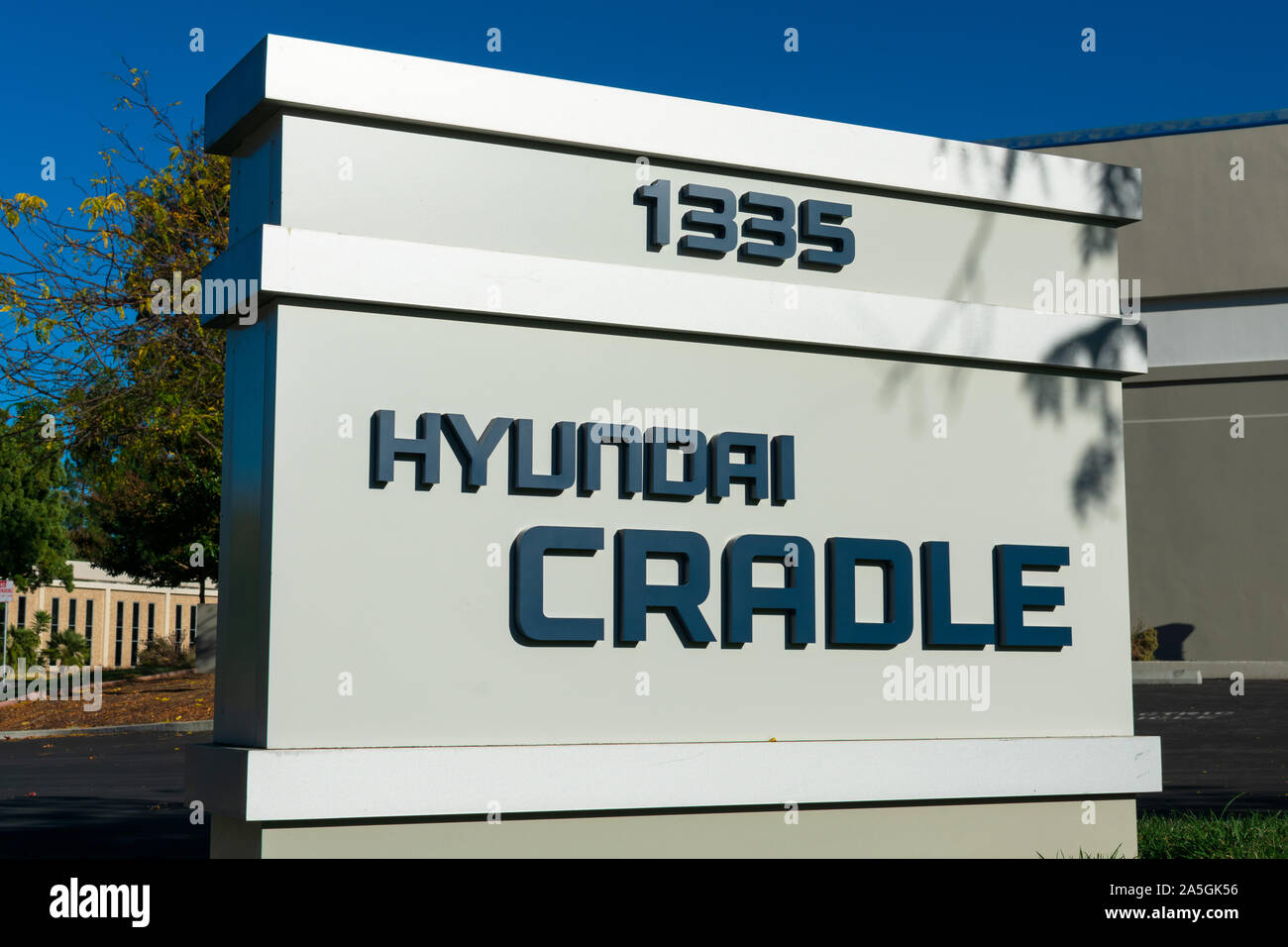 Hyundai Cradle sign at center for robotic-augmented design in living experiences of Hyundai Motor Group in Silicon Valley Stock Photo